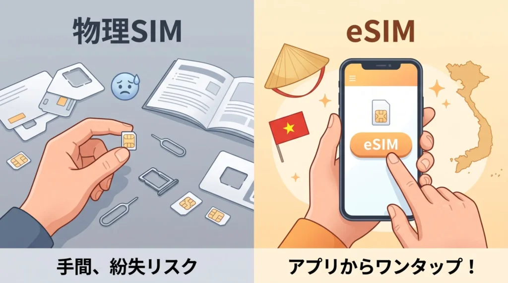 物理SIMの差し替えと、アプリからワンタップで入れるeSIMを比べたイラスト