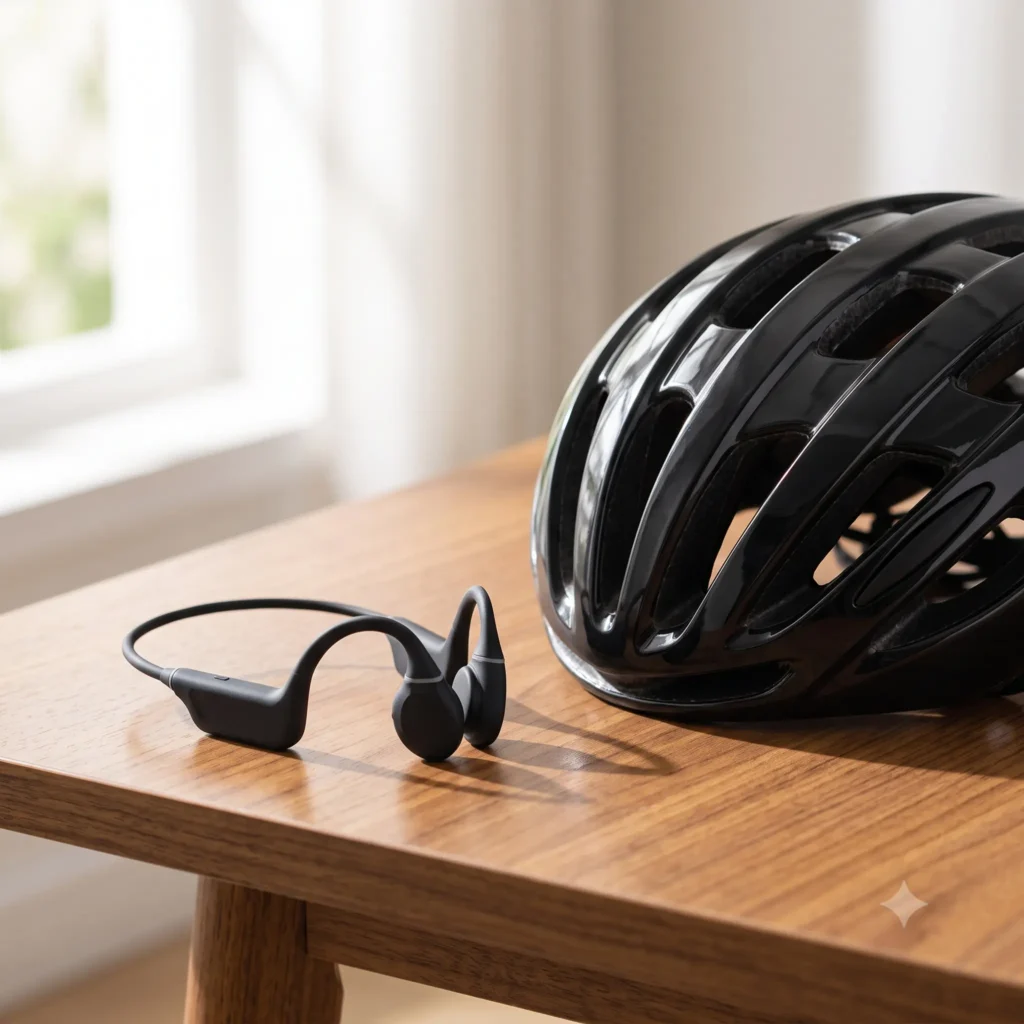 SHOKZ OpenMove骨伝導イヤホンとロードバイク用ヘルメット