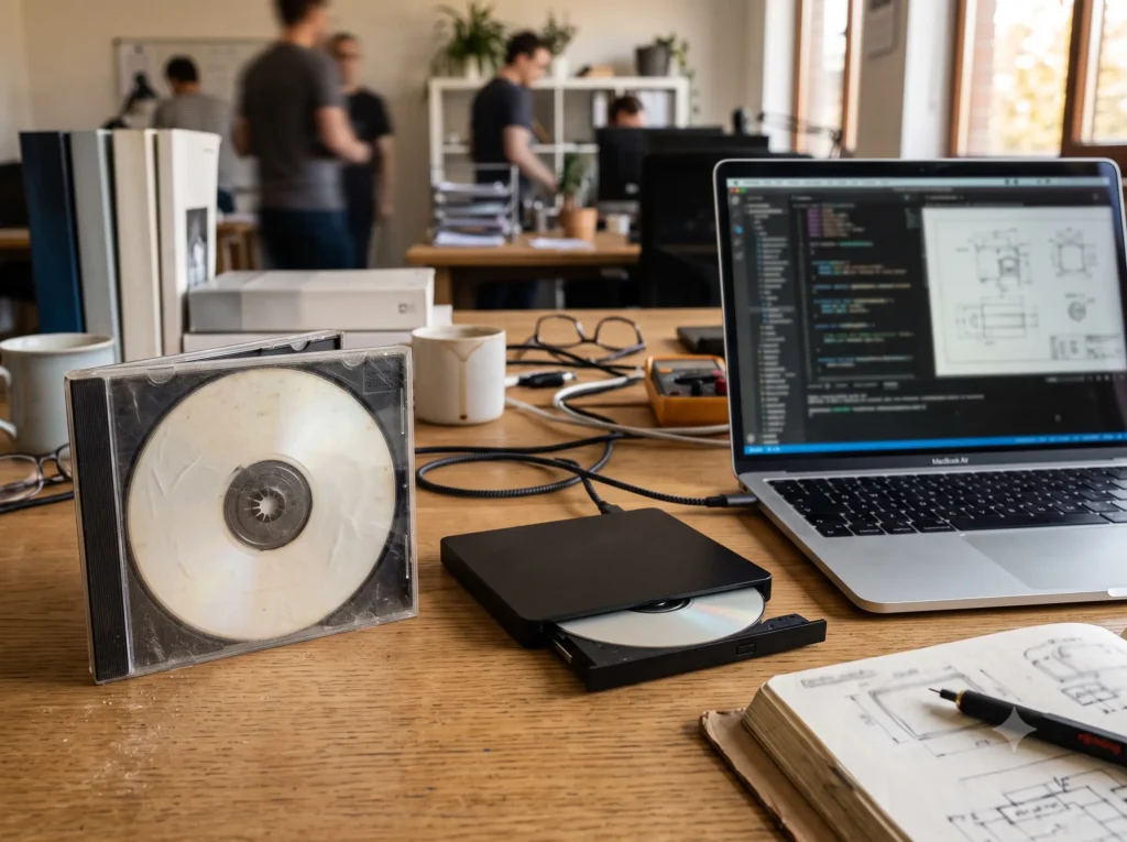外付けDVDドライブで古いCDを読み込むエンジニアのデスク環境