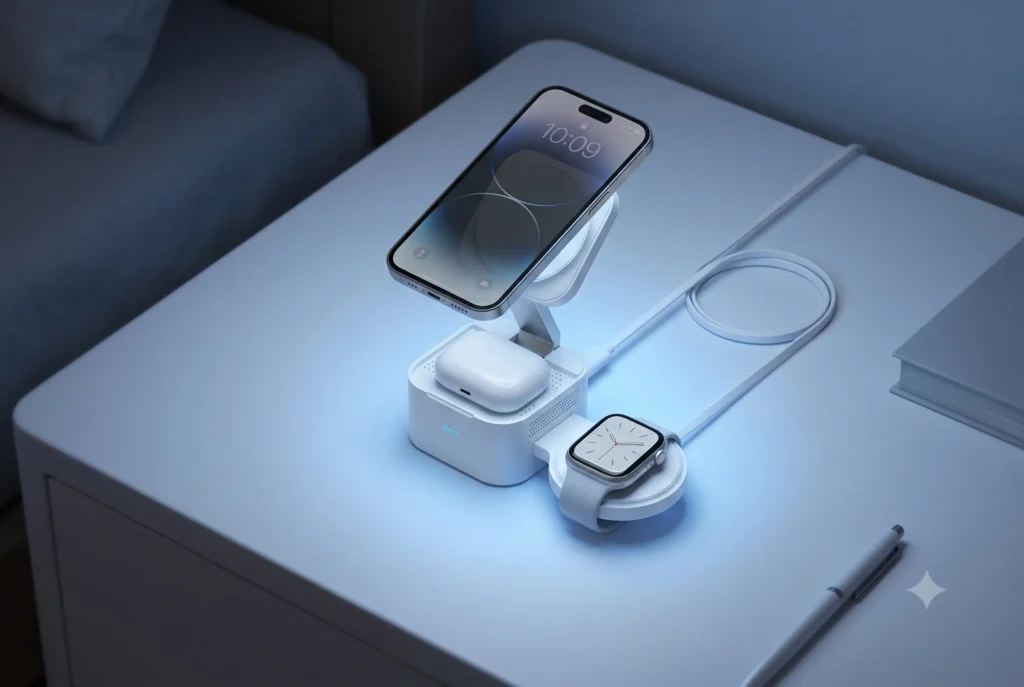 Qeefun 3in1充電器でiPhone・Apple Watch・AirPodsを同時に安定充電している様子
