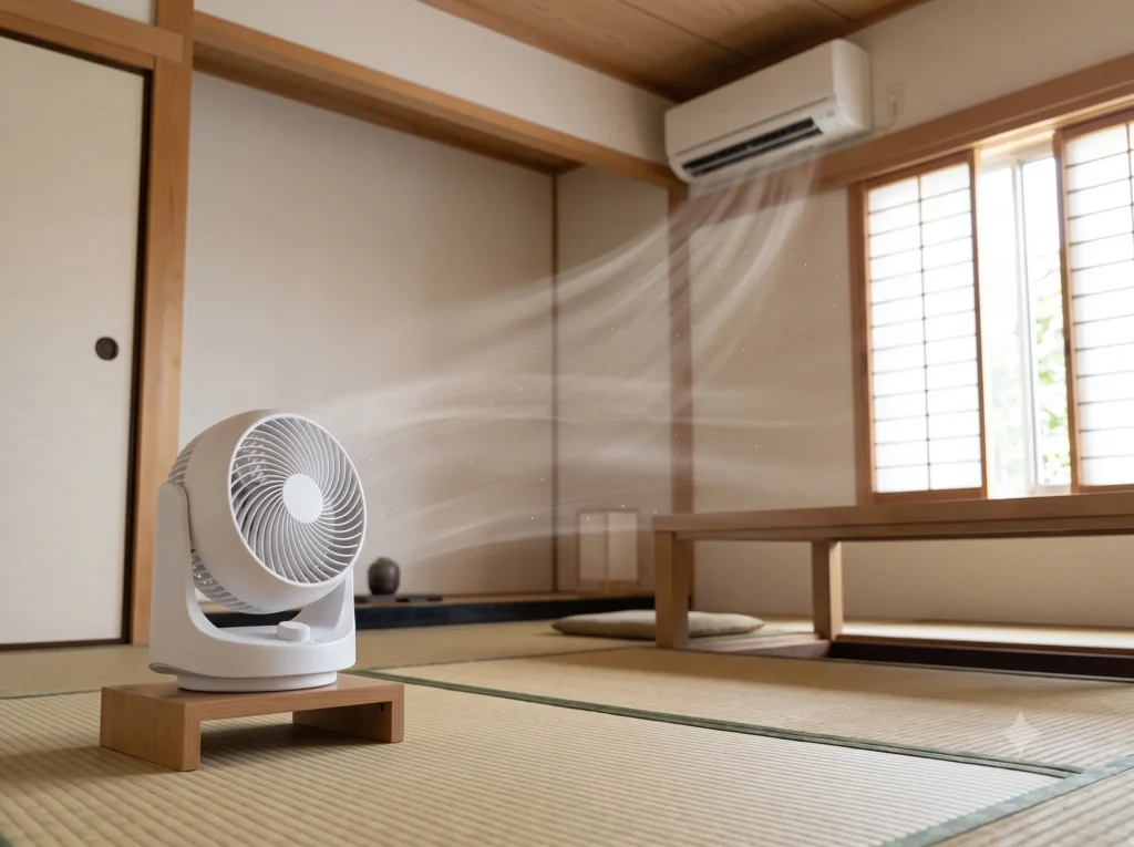 エアコンとサーキュレーターで部屋の空気を循環させる配置イメージ
