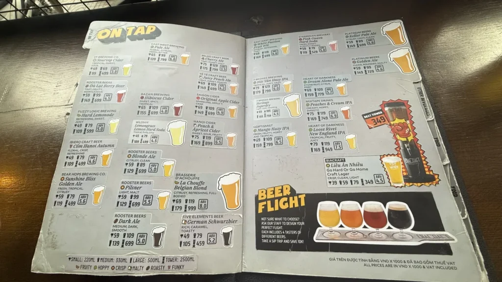 BiaCraftの樽生ビールメニュー。銘柄ごとにグラスのイラスト、味の特徴、ABV、サイズ別の価格が記載されている