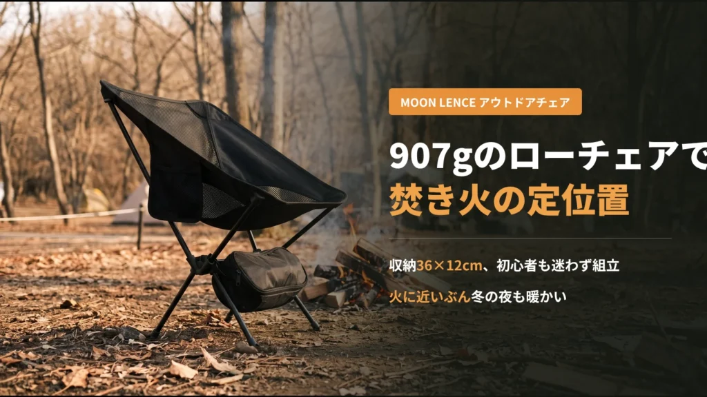 冬のキャンプ場で焚き火のそばに置いた黒いMOON LENCEのローチェア