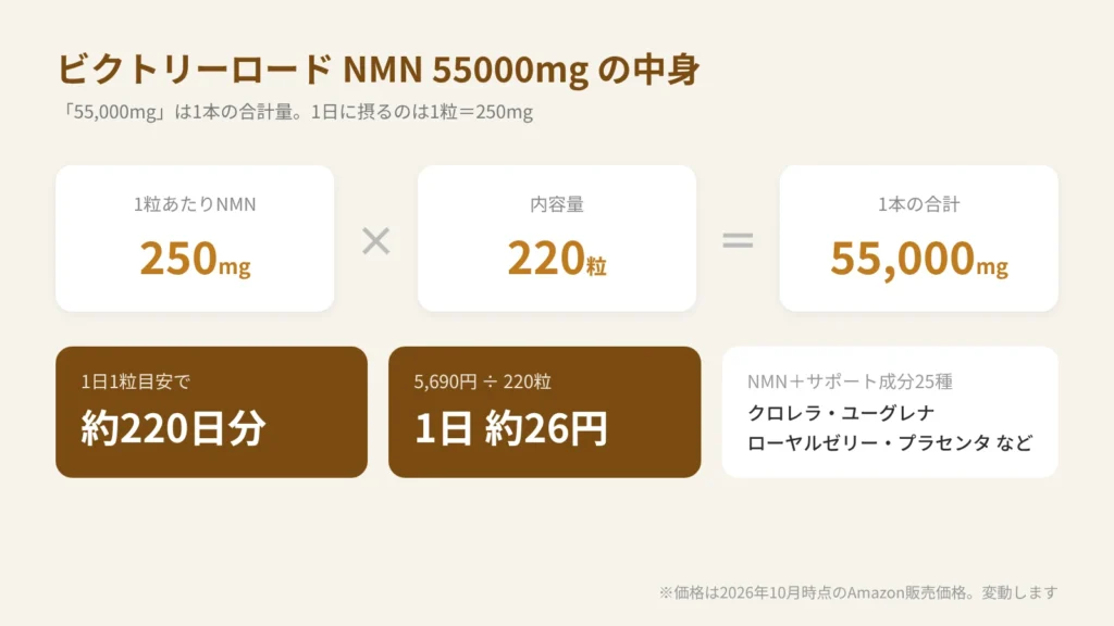 ビクトリーロード NMNサプリ 55000mgのスペック整理（1粒250mg×220粒、1日1粒目安、1日あたり約26円）